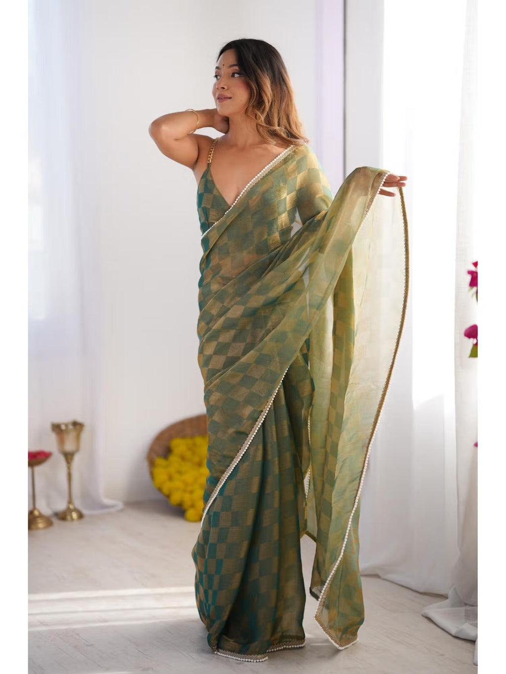 Jyoti Fashion Women's Mehendi Box Chiffon Moti Lace Border Designer Saree with Blouse
