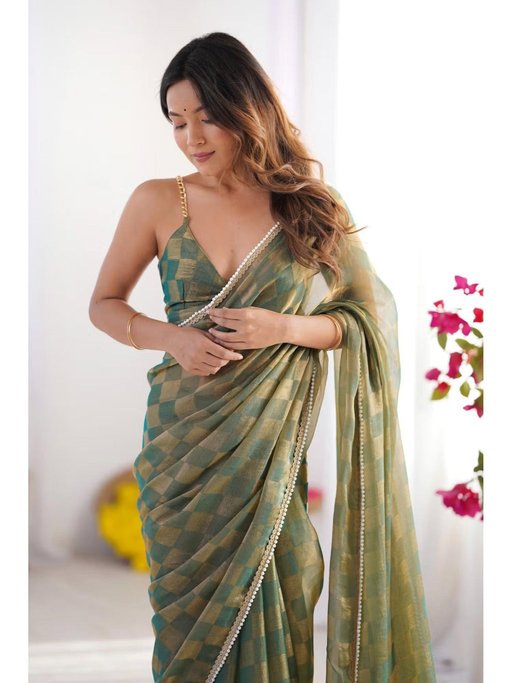 Jyoti Fashion Women's Mehendi Box Chiffon Moti Lace Border Designer Saree with Blouse
