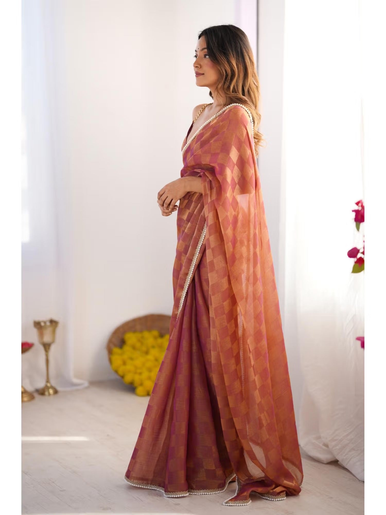 Jyoti Fashion Women's Brown Box Chiffon Moti Lace Border Designer Saree with Blouse