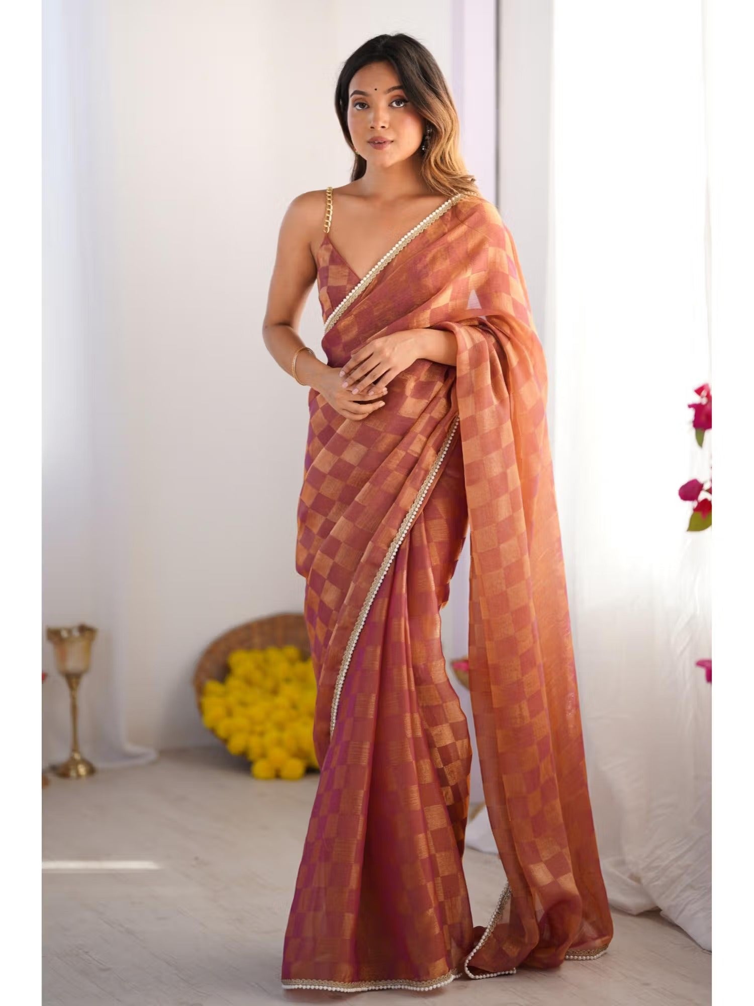 Jyoti Fashion Women's Brown Box Chiffon Moti Lace Border Designer Saree with Blouse