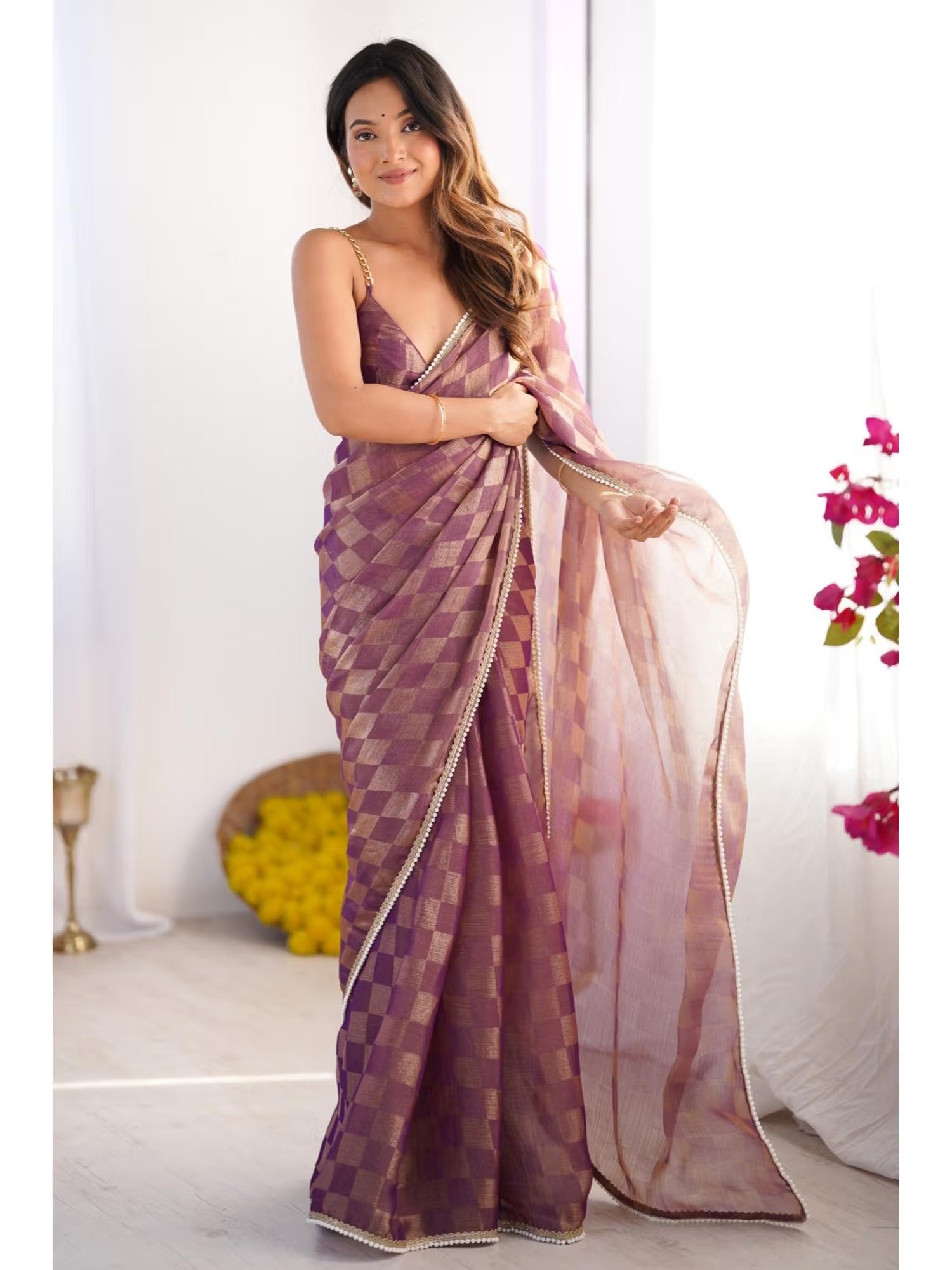 Jyoti Fashion Women's Purple Box Chiffon Moti Lace Border Designer Saree with Blouse