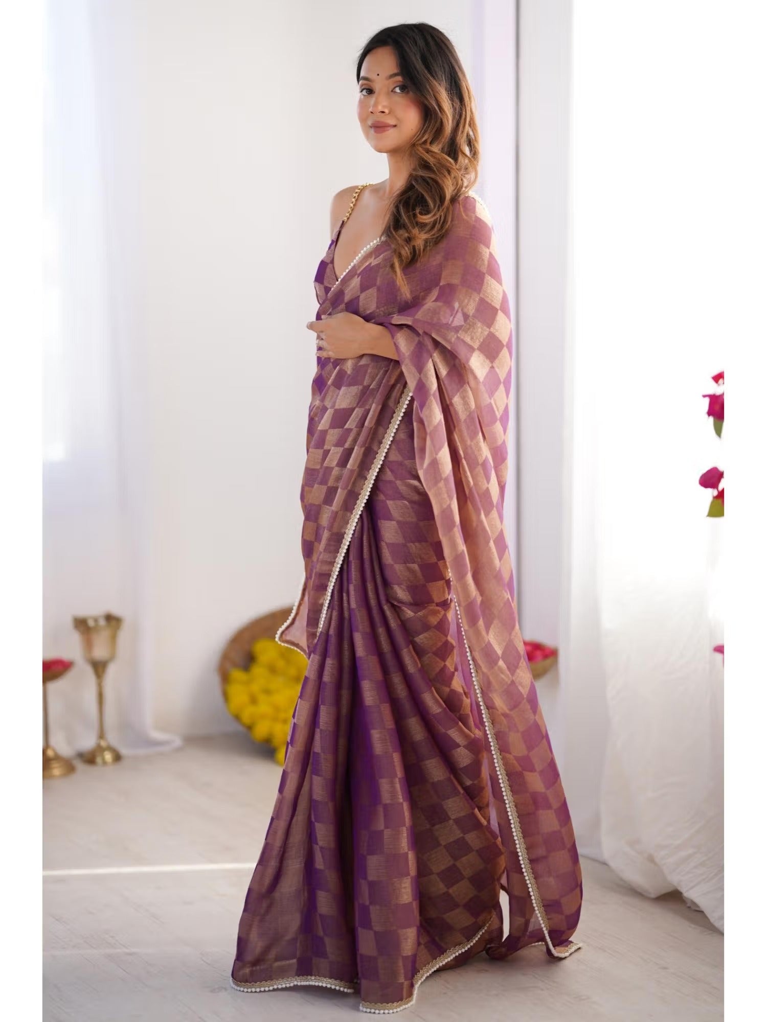Jyoti Fashion Women's Purple Box Chiffon Moti Lace Border Designer Saree with Blouse