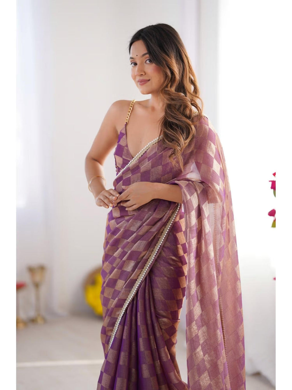 Jyoti Fashion Women's Purple Box Chiffon Moti Lace Border Designer Saree with Blouse