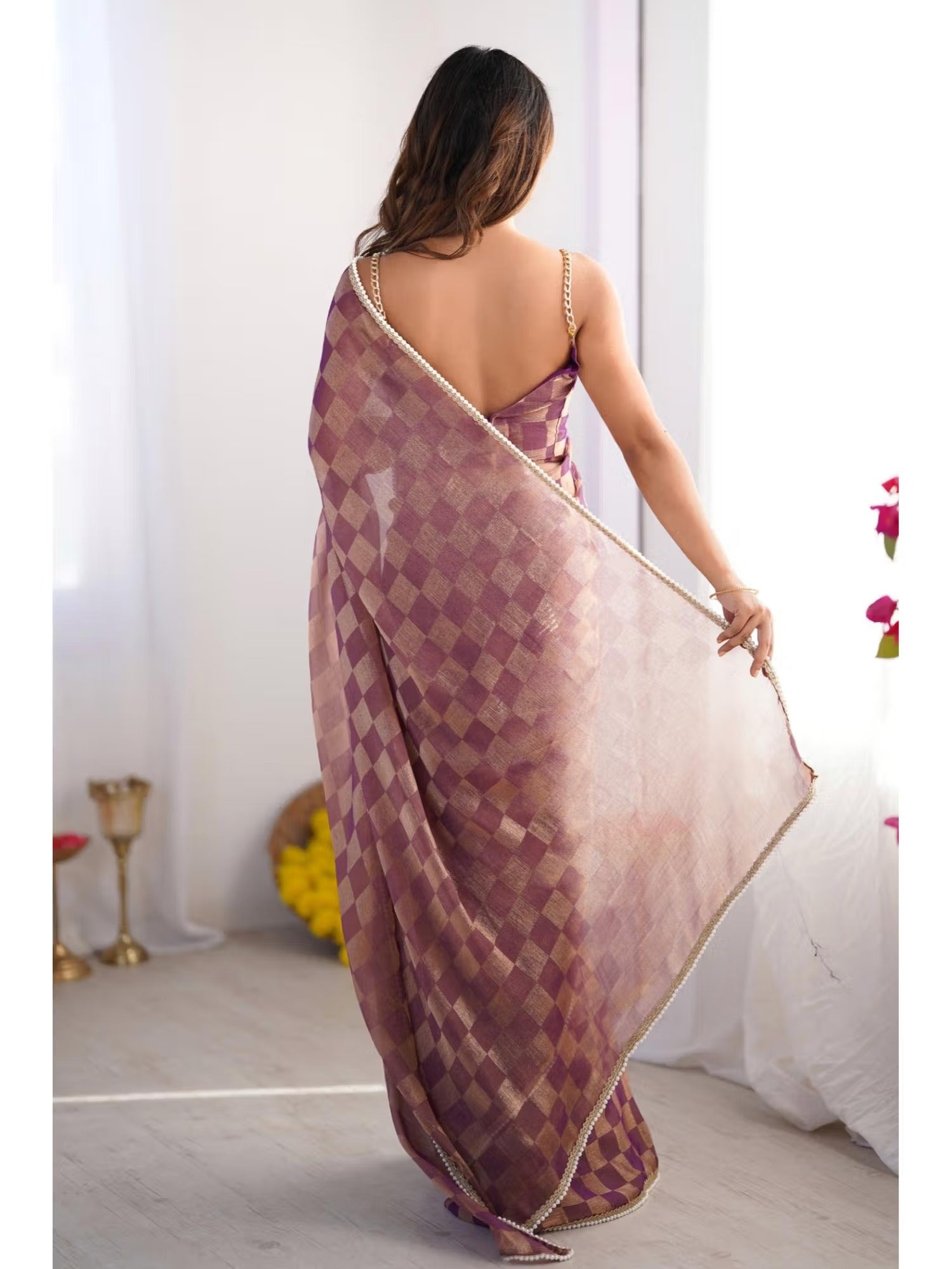 Jyoti Fashion Women's Purple Box Chiffon Moti Lace Border Designer Saree with Blouse