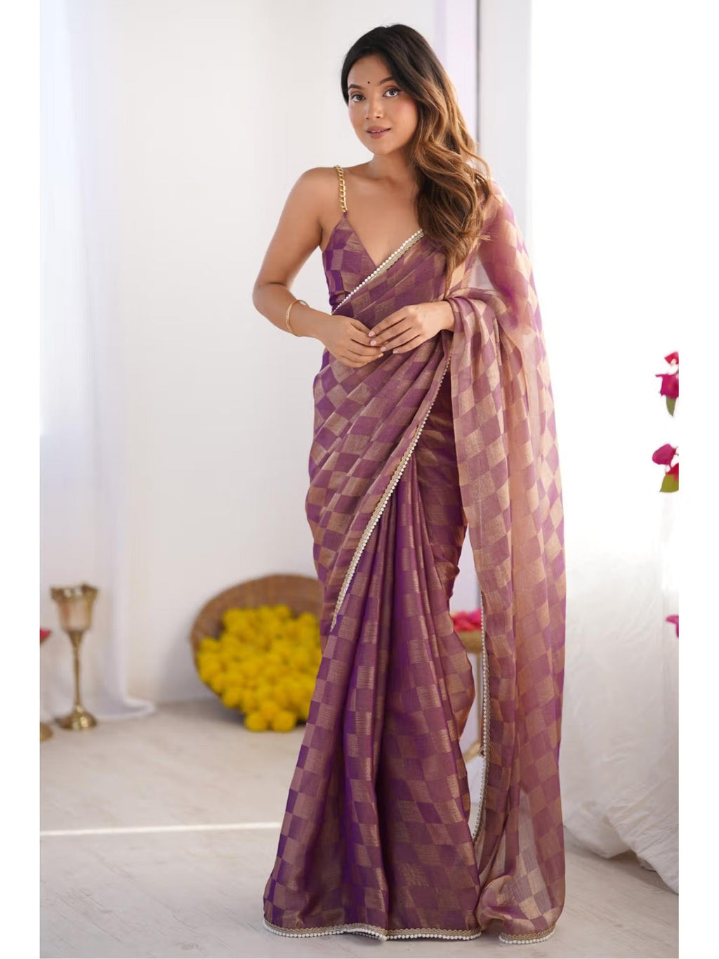 Jyoti Fashion Women's Purple Box Chiffon Moti Lace Border Designer Saree with Blouse