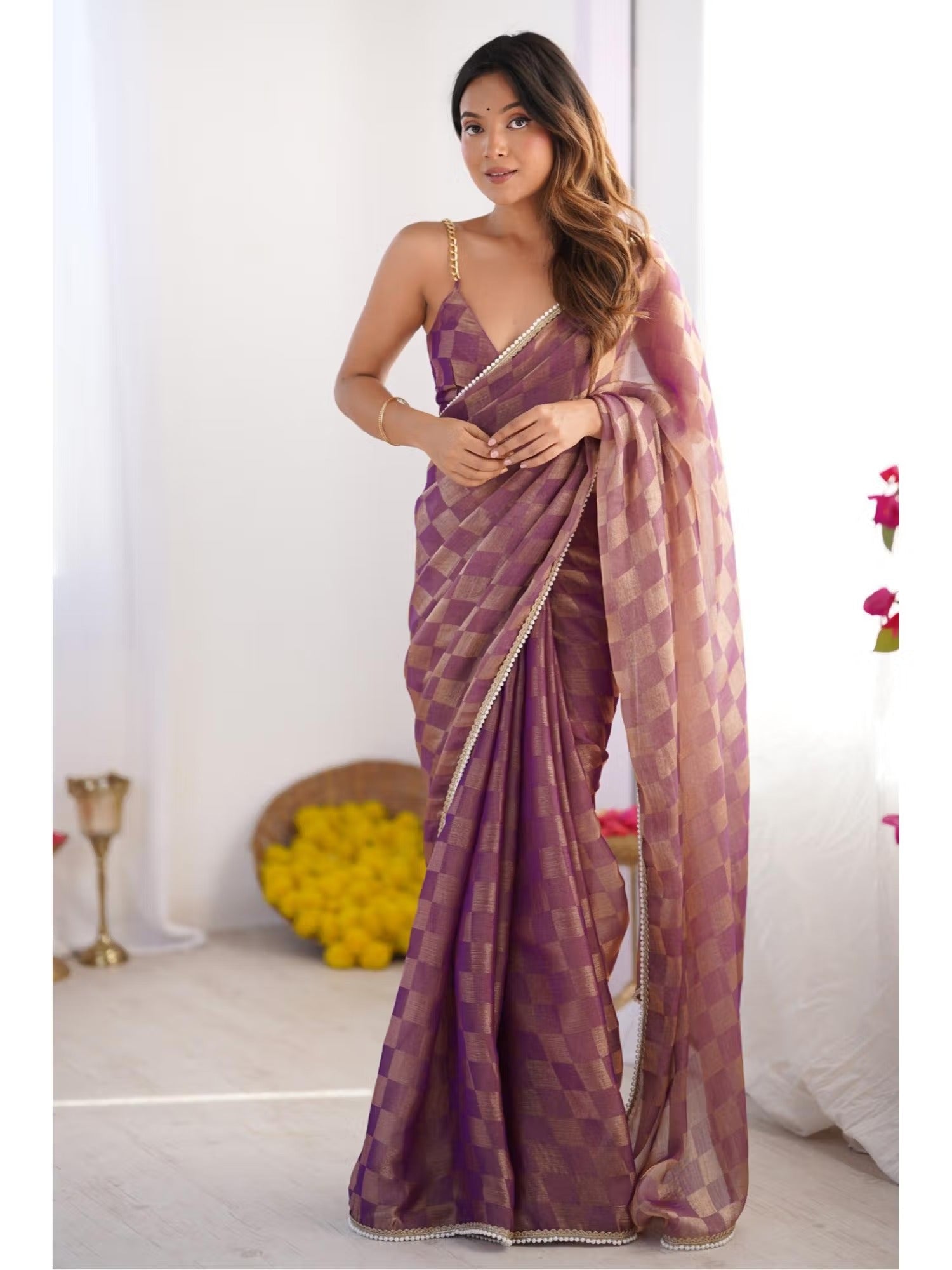 Jyoti Fashion Women's Purple Box Chiffon Moti Lace Border Designer Saree with Blouse