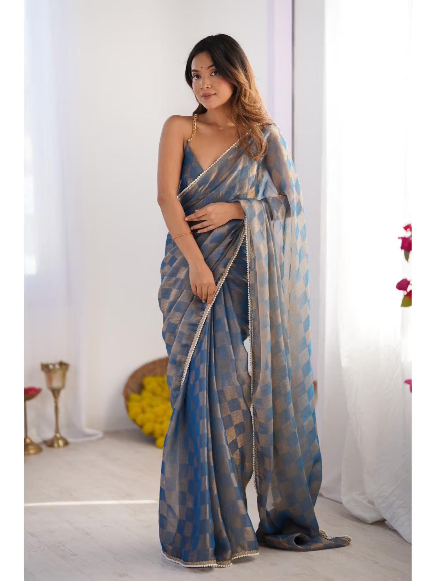 Jyoti Fashion Women's Blue Box Chiffon Moti Lace Border Designer Saree with Blouse