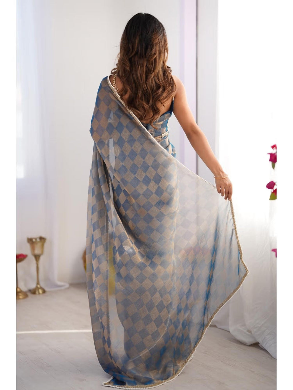 Jyoti Fashion Women's Blue Box Chiffon Moti Lace Border Designer Saree with Blouse