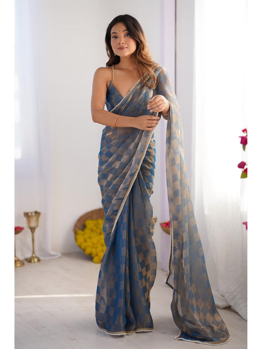 Jyoti Fashion Women's Blue Box Chiffon Moti Lace Border Designer Saree with Blouse