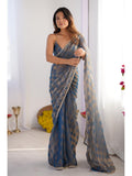 Jyoti Fashion Women's Blue Box Chiffon Moti Lace Border Designer Saree with Blouse