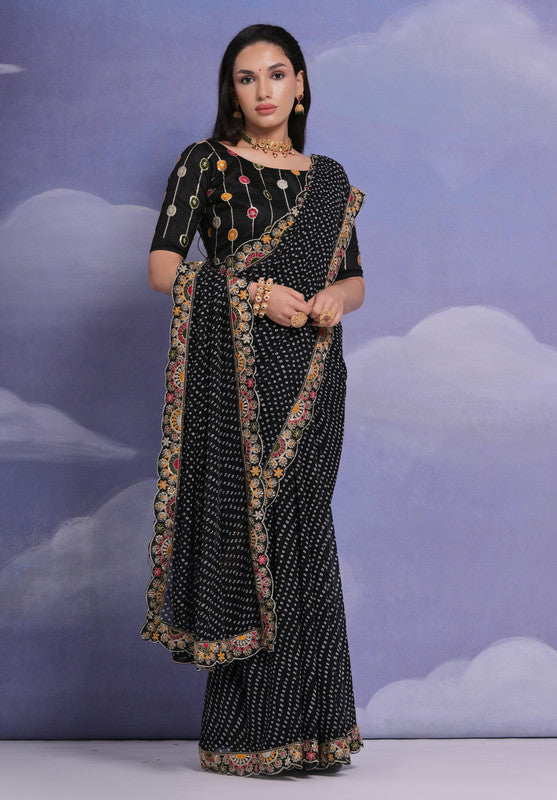 Jyoti Fashion Women's Black Coding Sequence Georgette Saree with Blouse
