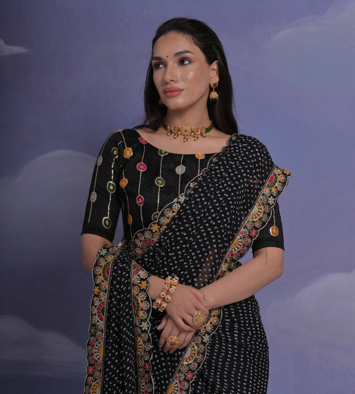 Jyoti Fashion Women's Black Coding Sequence Georgette Saree with Blouse