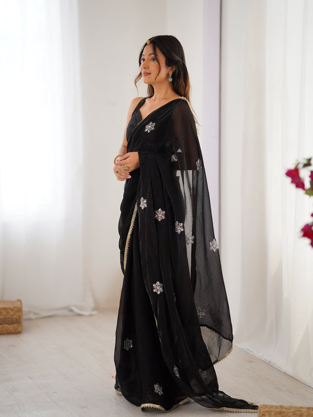 Jyoti Fashion Women's Black Soft Fendy Embroidered Designer Saree with Blouse