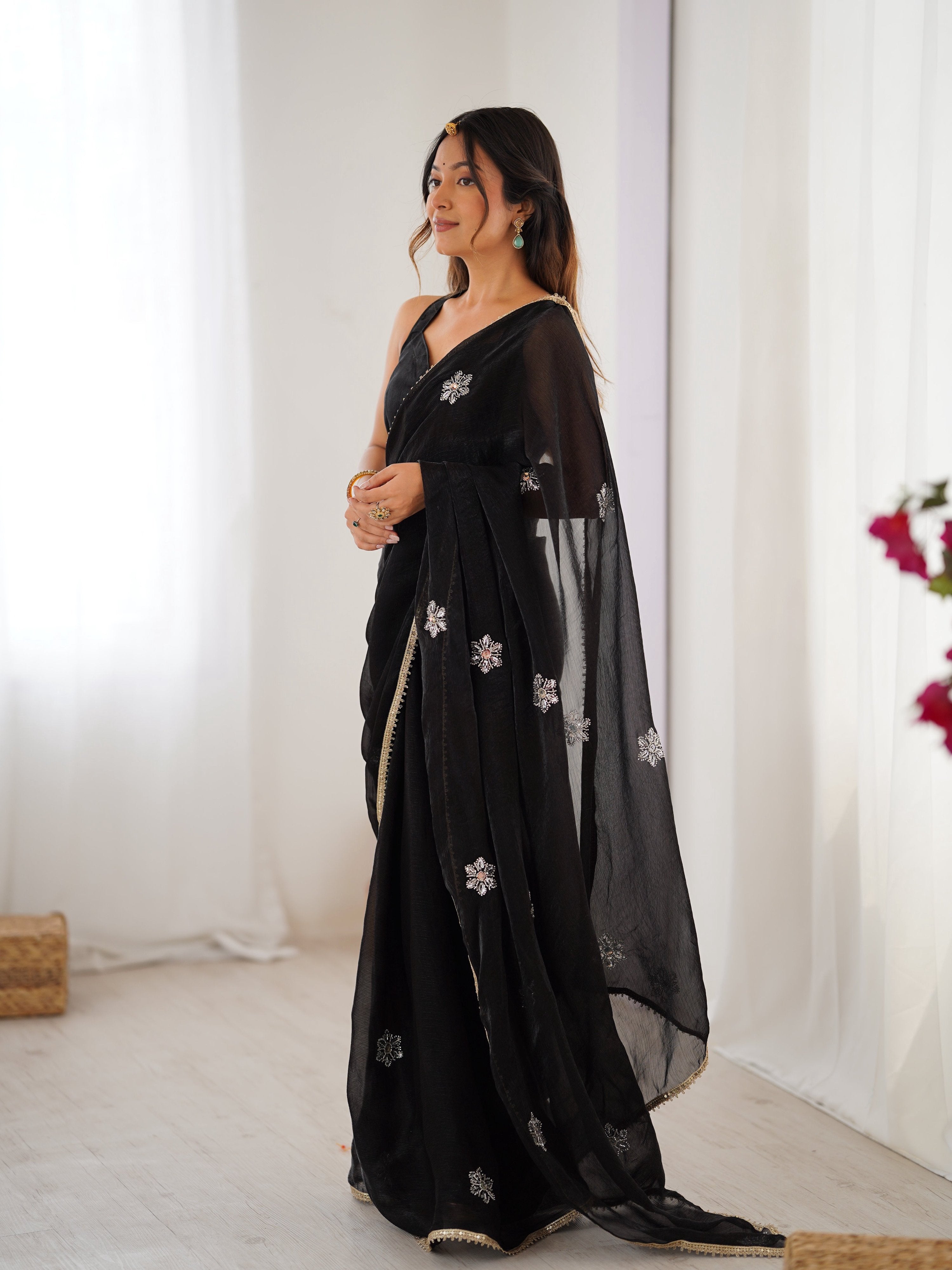 Jyoti Fashion Women's Black Soft Fendy Embroidered Designer Saree with Blouse