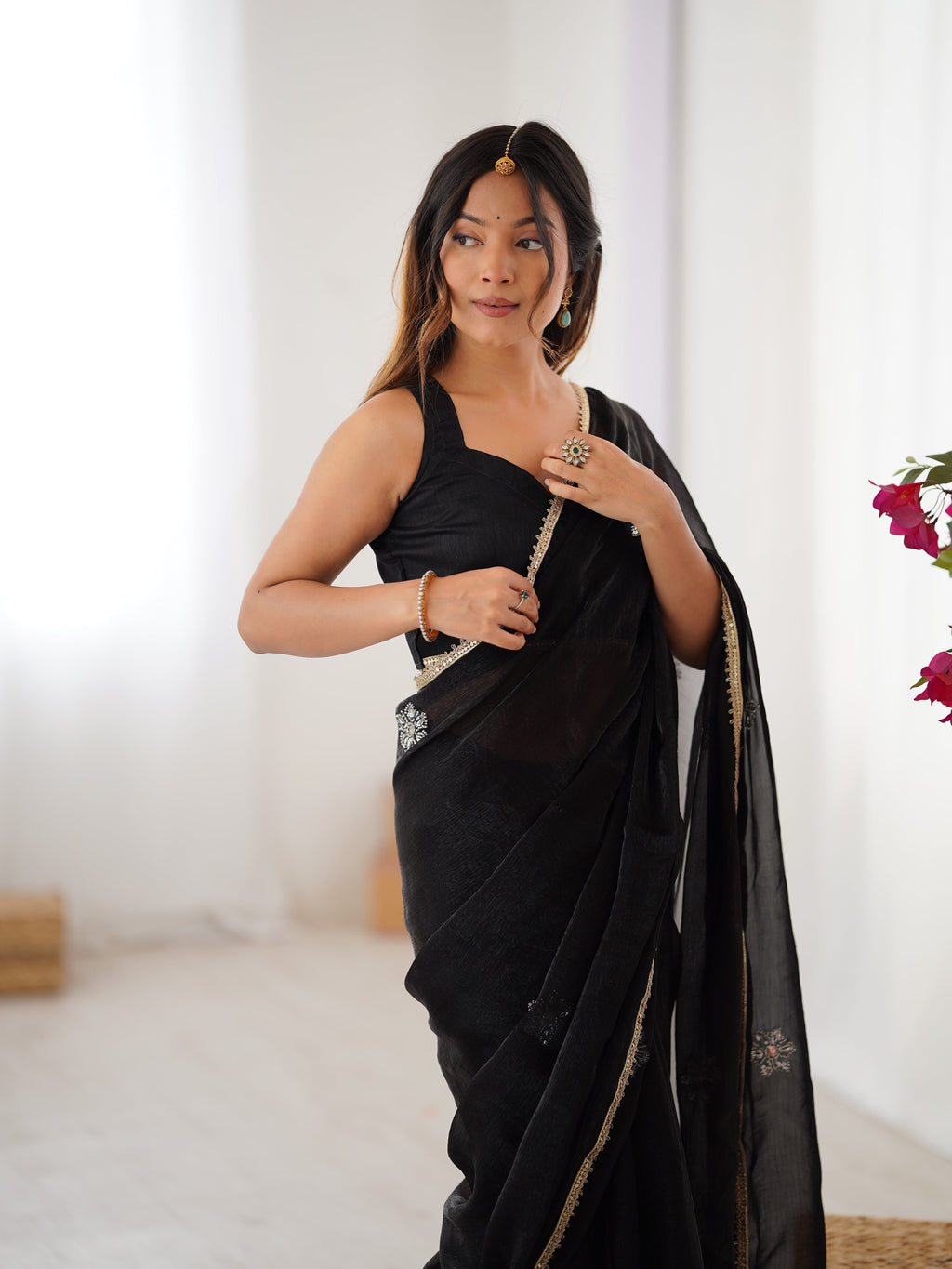 Jyoti Fashion Women's Black Soft Fendy Embroidered Designer Saree with Blouse