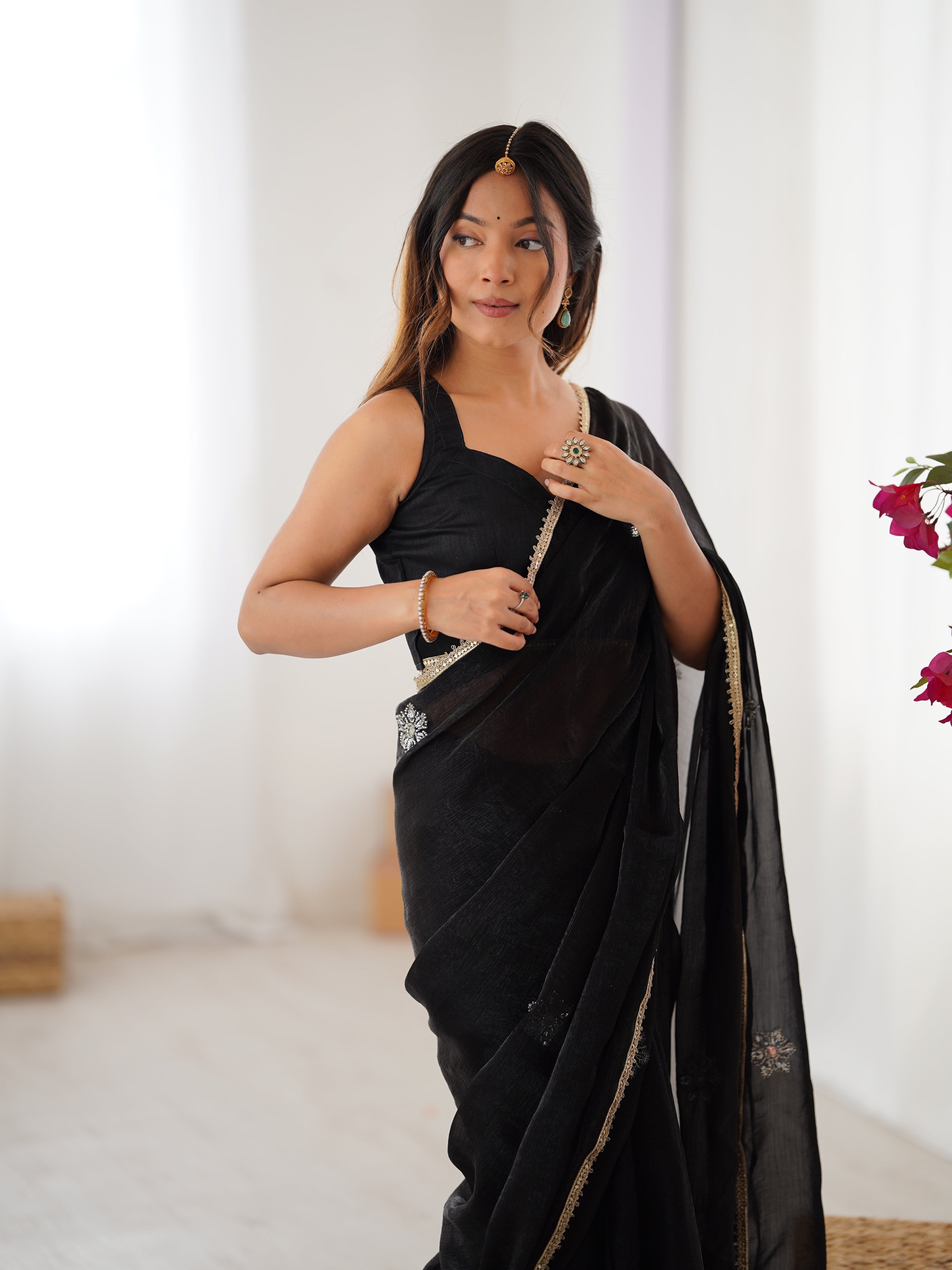 Jyoti Fashion Women's Black Soft Fendy Embroidered Designer Saree with Blouse