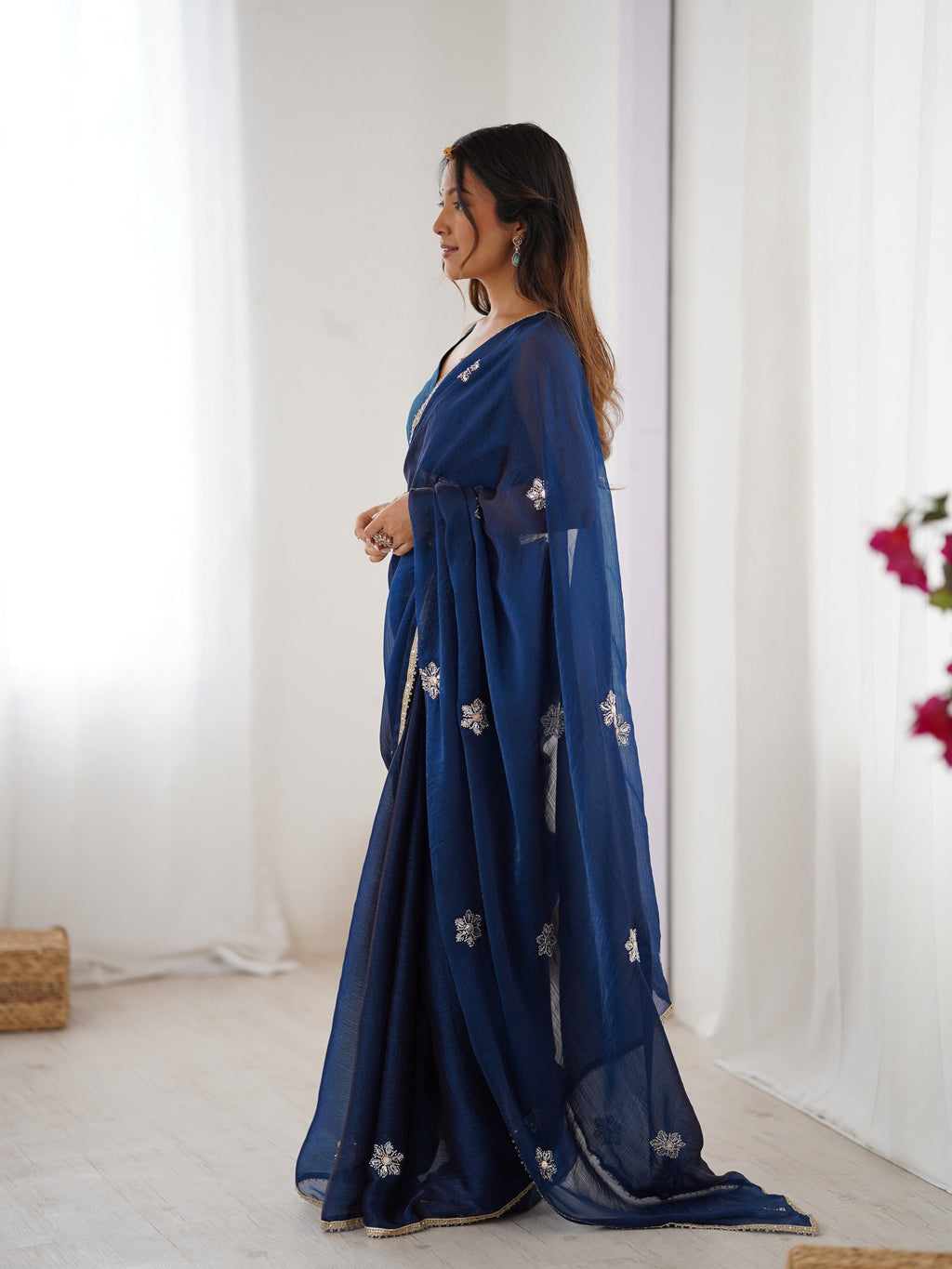 Jyoti Fashion Women's Navy Blue Soft Fendy Embroidered Designer Saree with Blouse