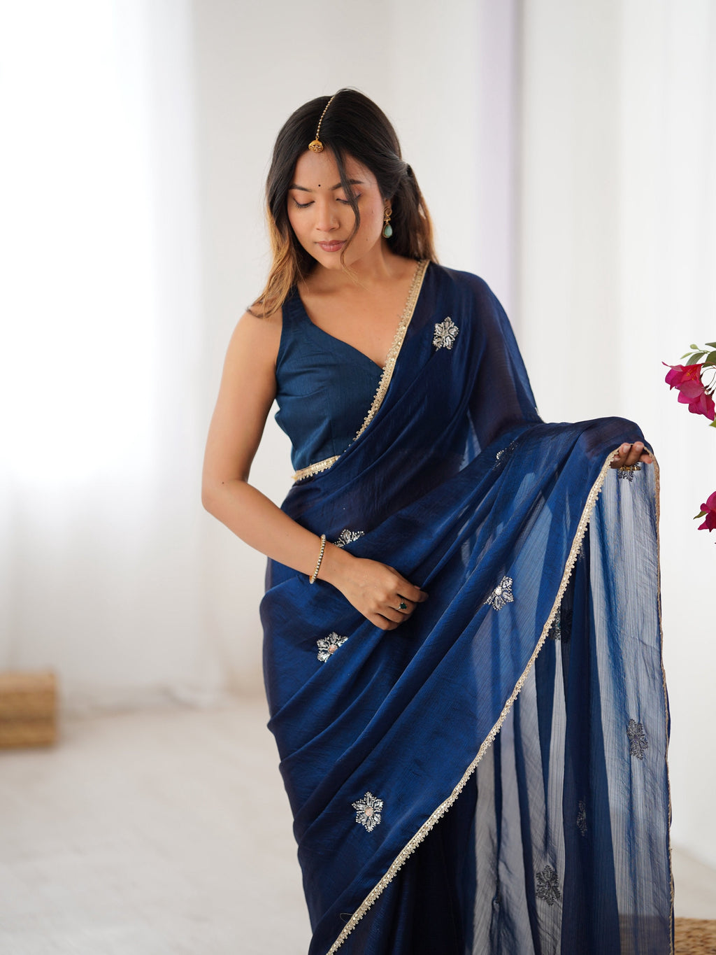 Jyoti Fashion Women's Navy Blue Soft Fendy Embroidered Designer Saree with Blouse