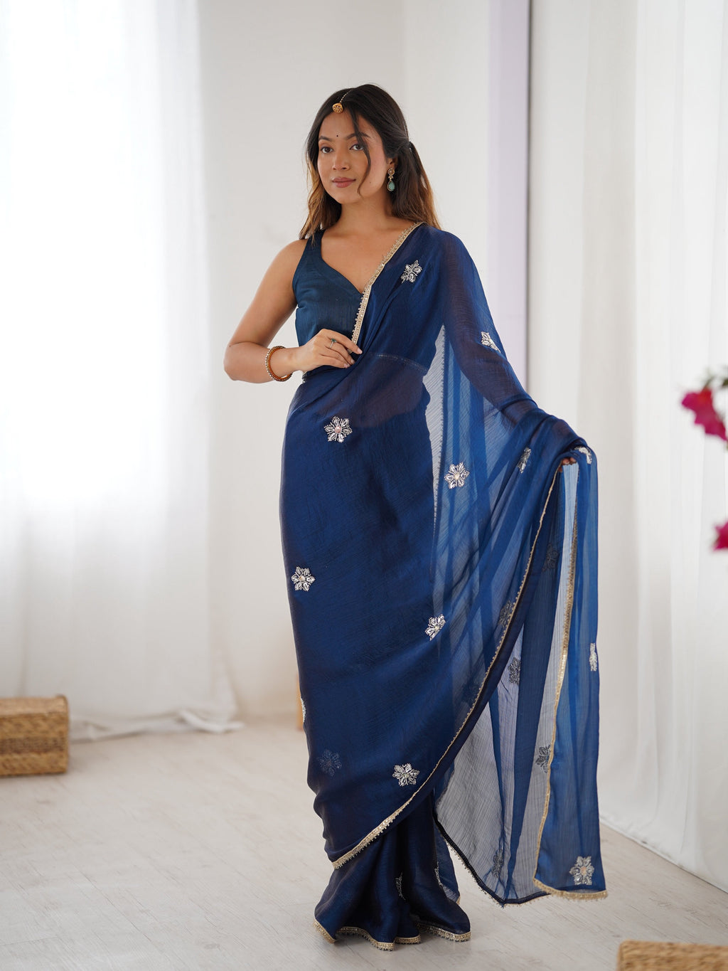 Jyoti Fashion Women's Navy Blue Soft Fendy Embroidered Designer Saree with Blouse