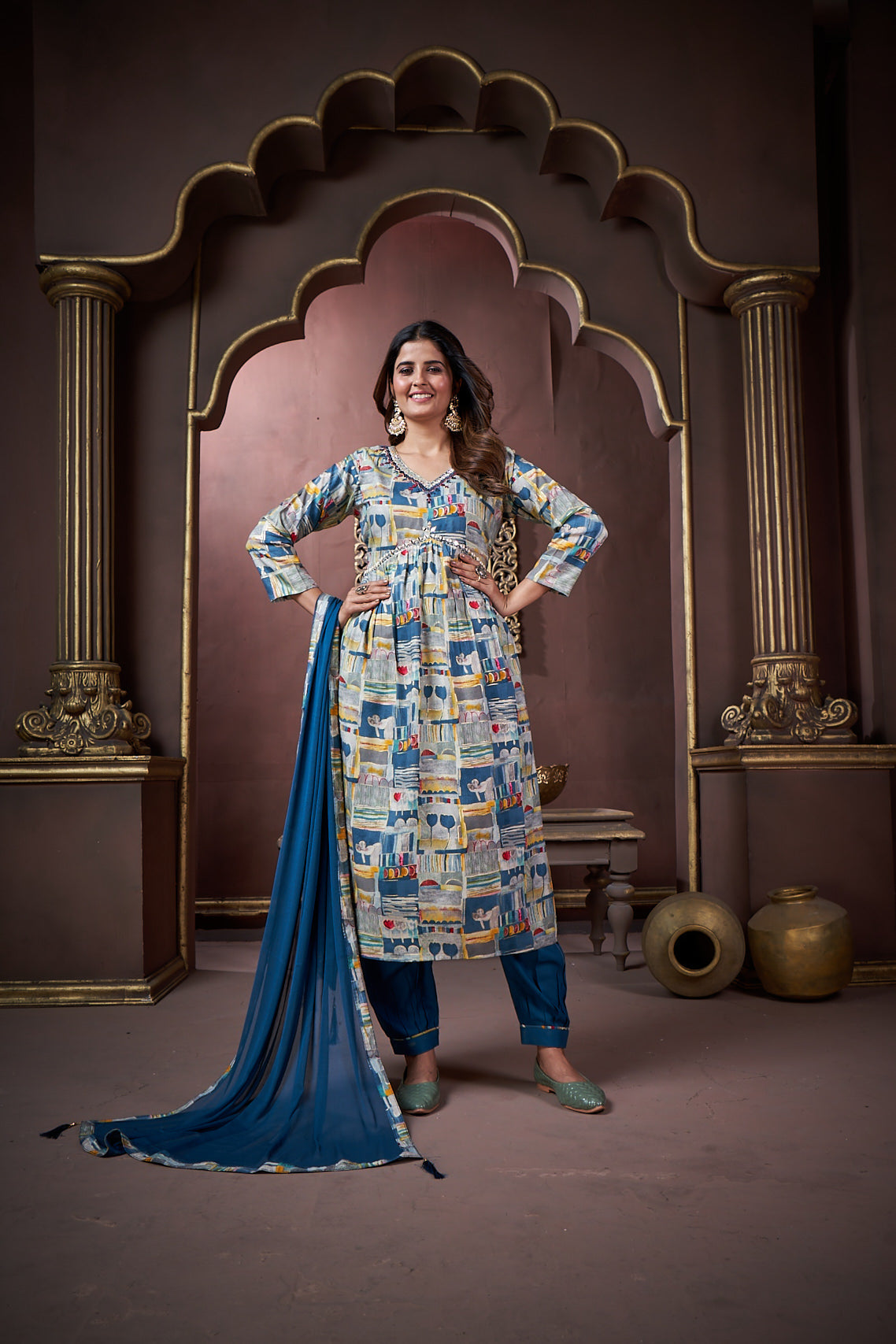 Jyoti Fashion Women's Navy Blue Rayon Floral Print with Handwork Designer Kurta Set with Dupatta