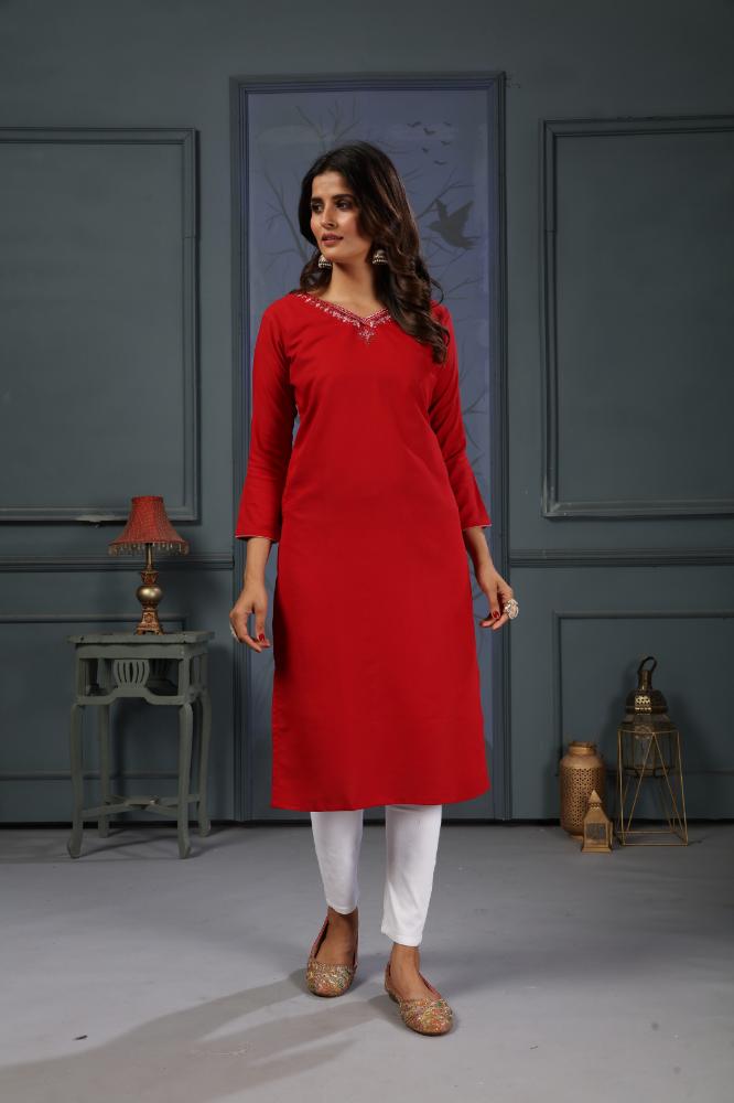 Jyoti Fashion Women's Red Cotton Handwork Designer Kurta Only