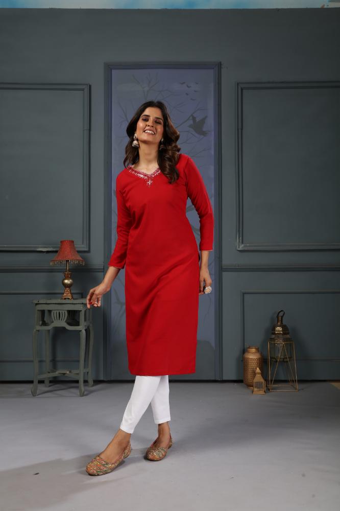 Jyoti Fashion Women's Red Cotton Handwork Designer Kurta Only