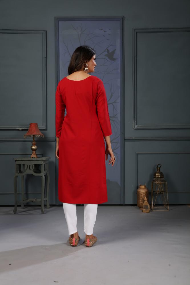 Jyoti Fashion Women's Red Cotton Handwork Designer Kurta Only