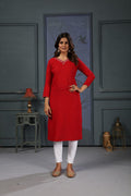 Jyoti Fashion Women's Red Cotton Handwork Designer Kurta Only
