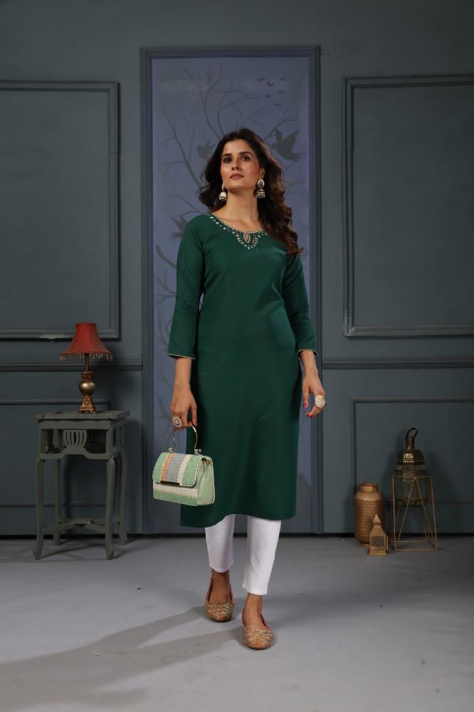 Jyoti Fashion Women's Green Cotton Handwork Designer Kurta Only