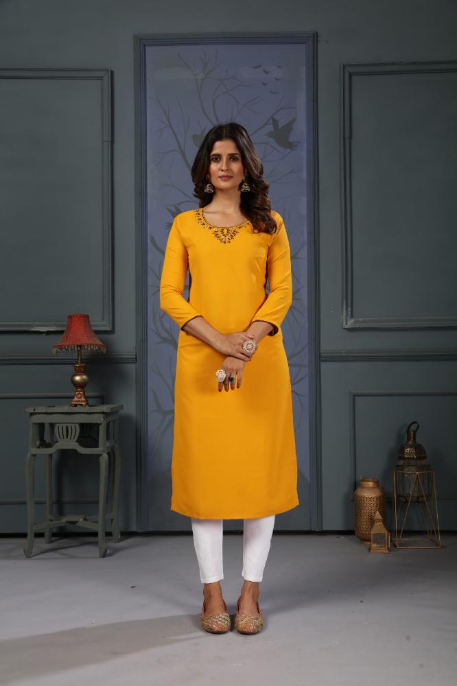 Jyoti Fashion Women's Yellow Cotton Handwork Designer Kurta Only