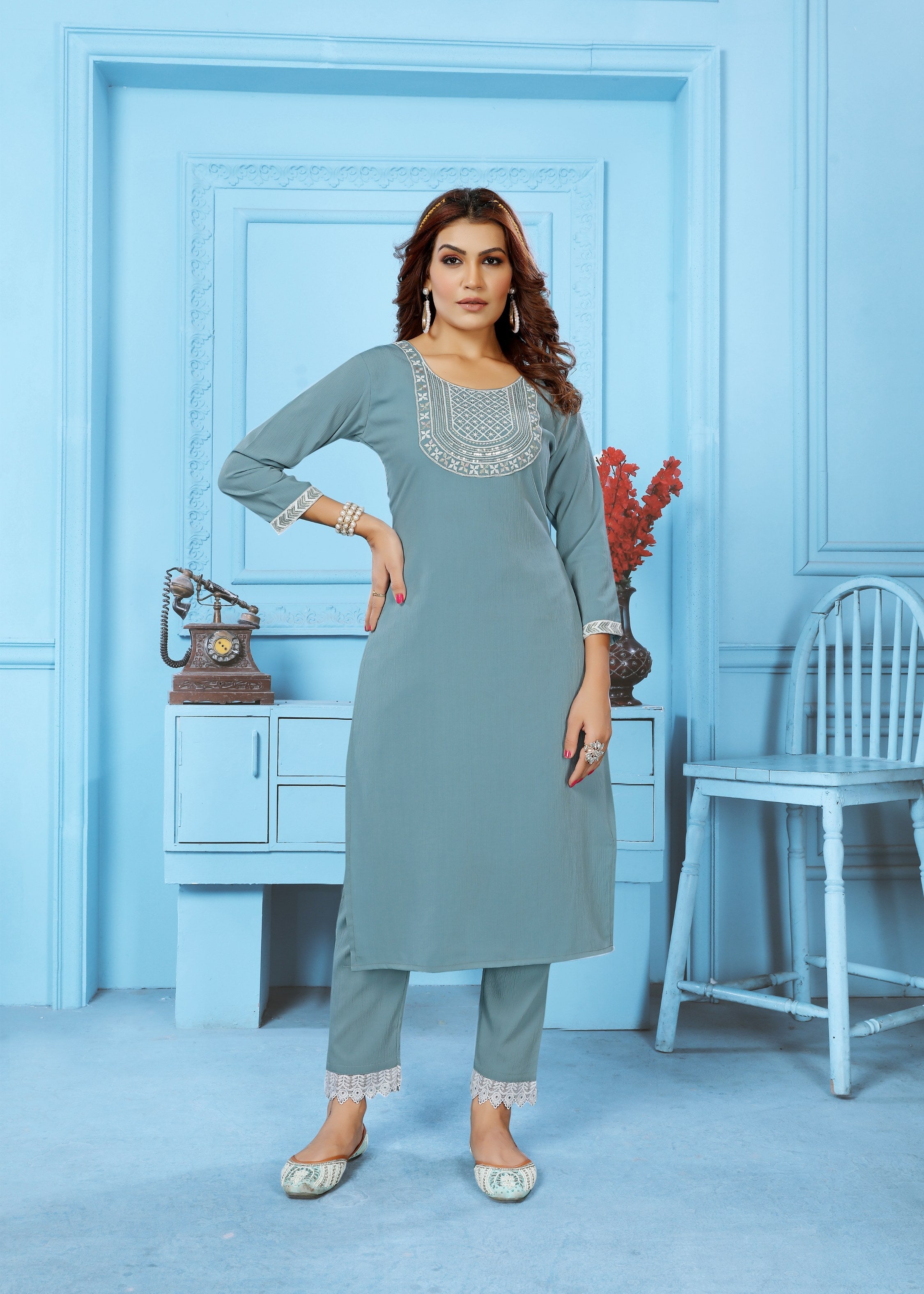 Jyoti Fashion Women's Grey Rinkal Cotton Embroidered Designer Kurta with Bottom
