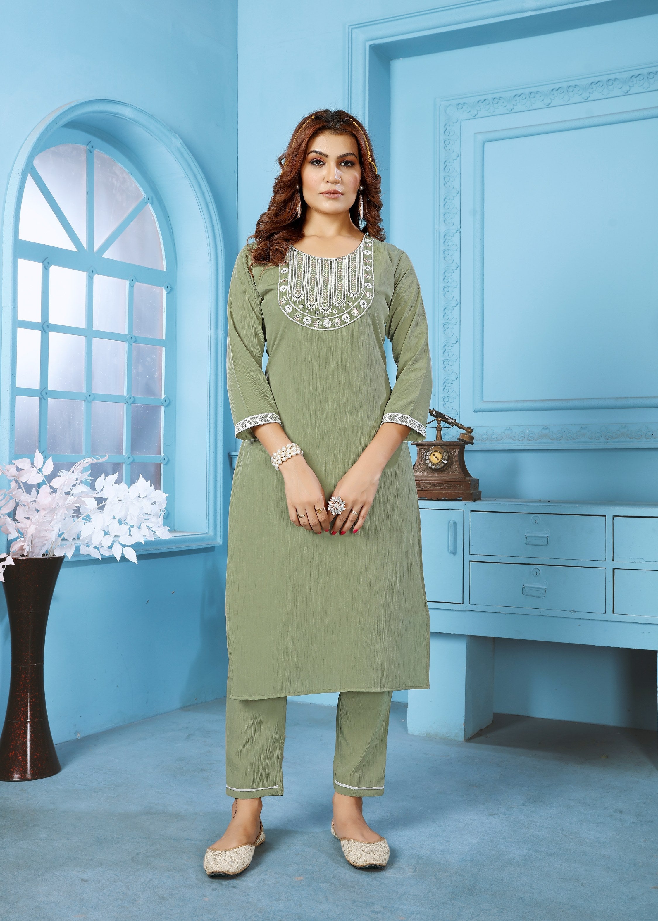 Jyoti Fashion Women's Green Rinkal Cotton Embroidered Designer Kurta with Bottom