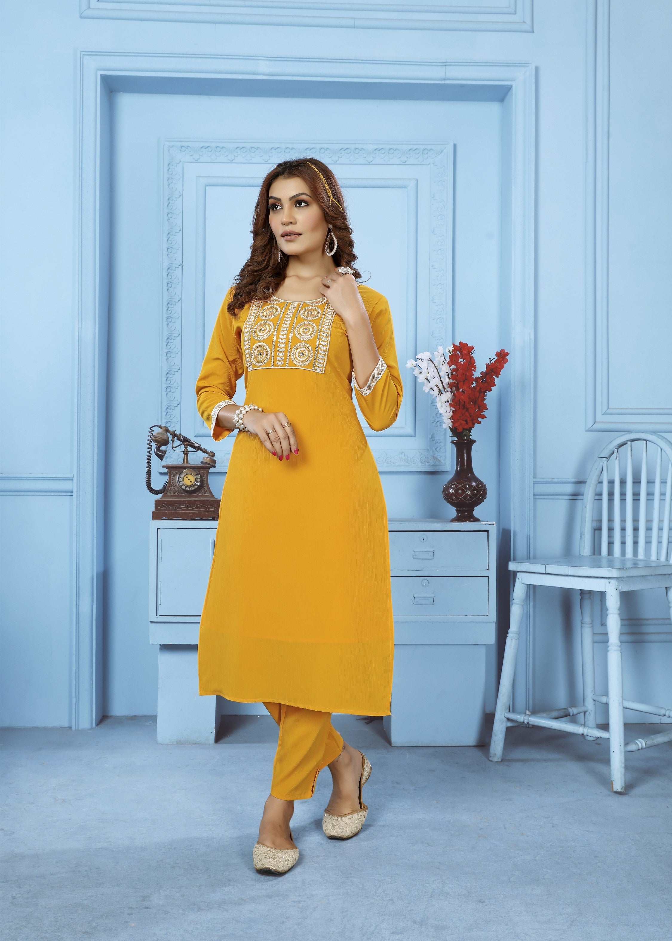 Jyoti Fashion Women's Yellow Rinkal Cotton Embroidered Designer Kurta with Bottom