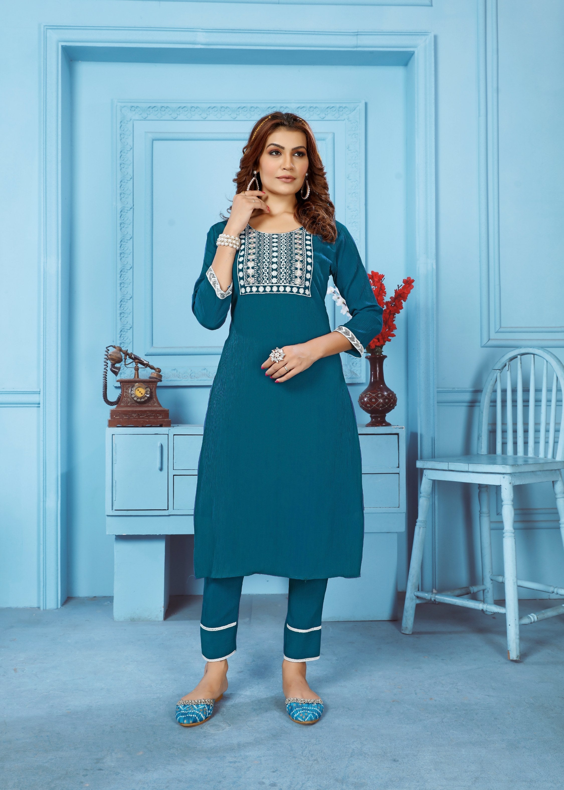 Jyoti Fashion Women's Teal Rinkal Cotton Embroidered Designer Kurta with Bottom