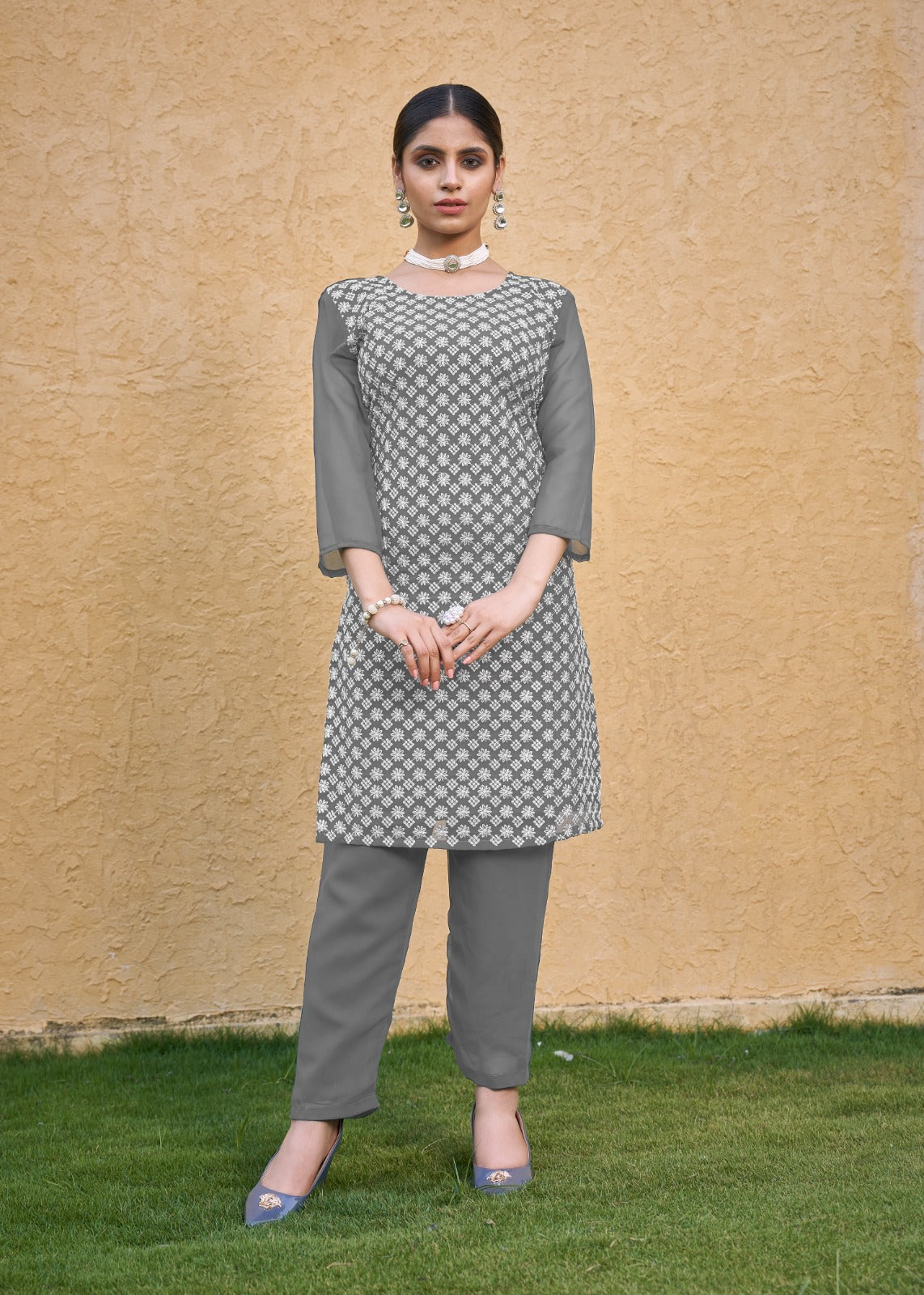 Jyoti Fashion Women's Grey Faux Georgette Chikan Embroidery Designer Kurta with Bottom