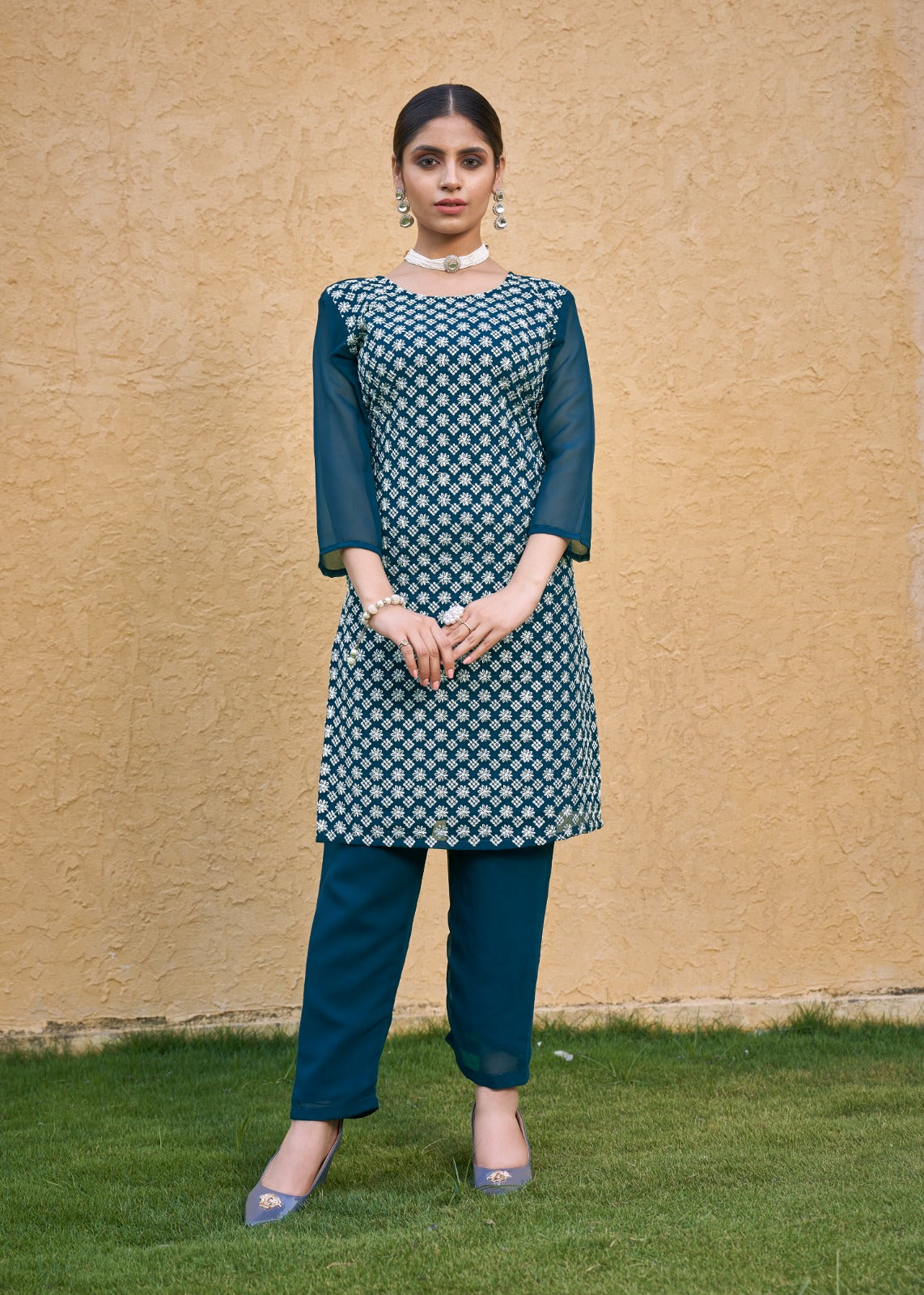 Jyoti Fashion Women's Morpich Faux Georgette Chikan Embroidery Designer Kurta with Bottom