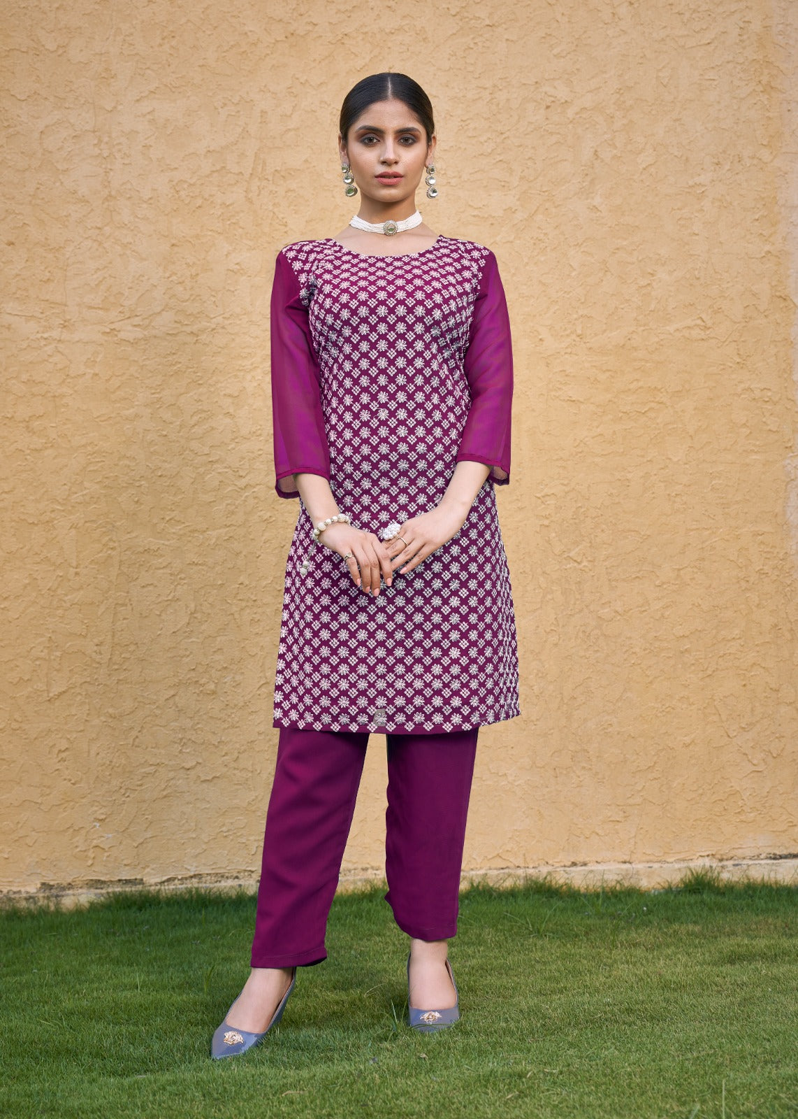 Jyoti Fashion Women's Wine Faux Georgette Chikan Embroidery Designer Kurta with Bottom
