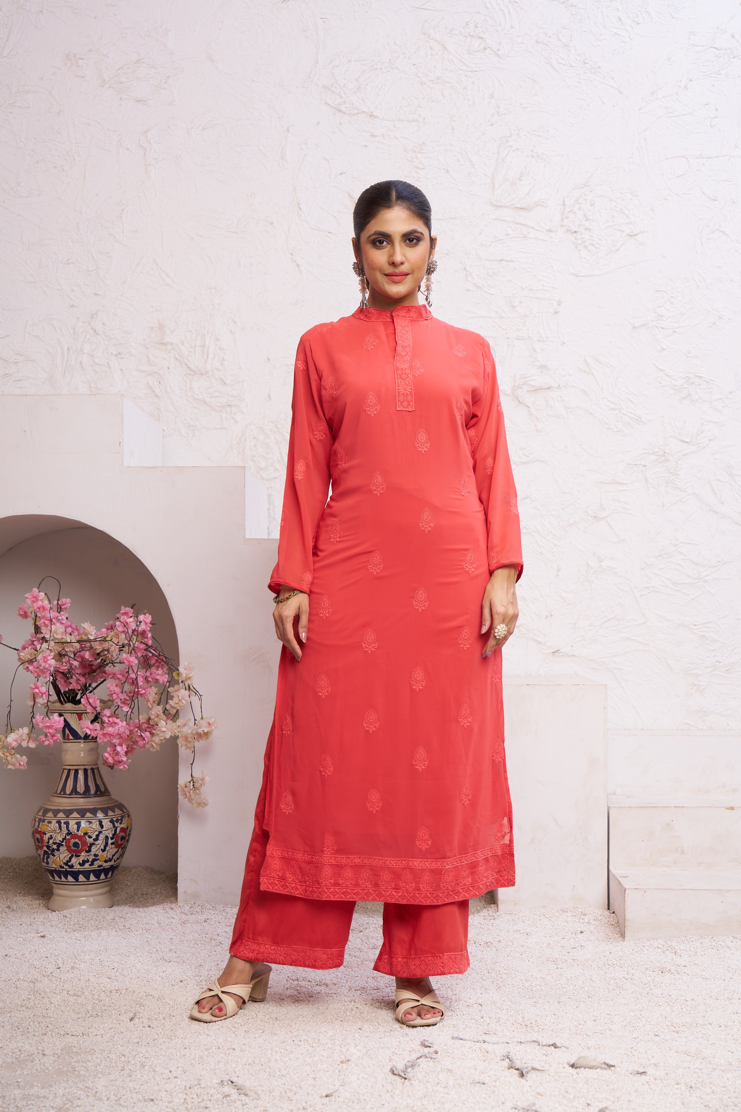 Jyoti Fashion Women's Orange Faux Georgette Embroidered Designer Kurta with Bottom