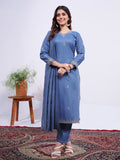 Jyoti Fashion Women's Denim Blue Rayon Embroidered Designer Kurta Set with Dupatta