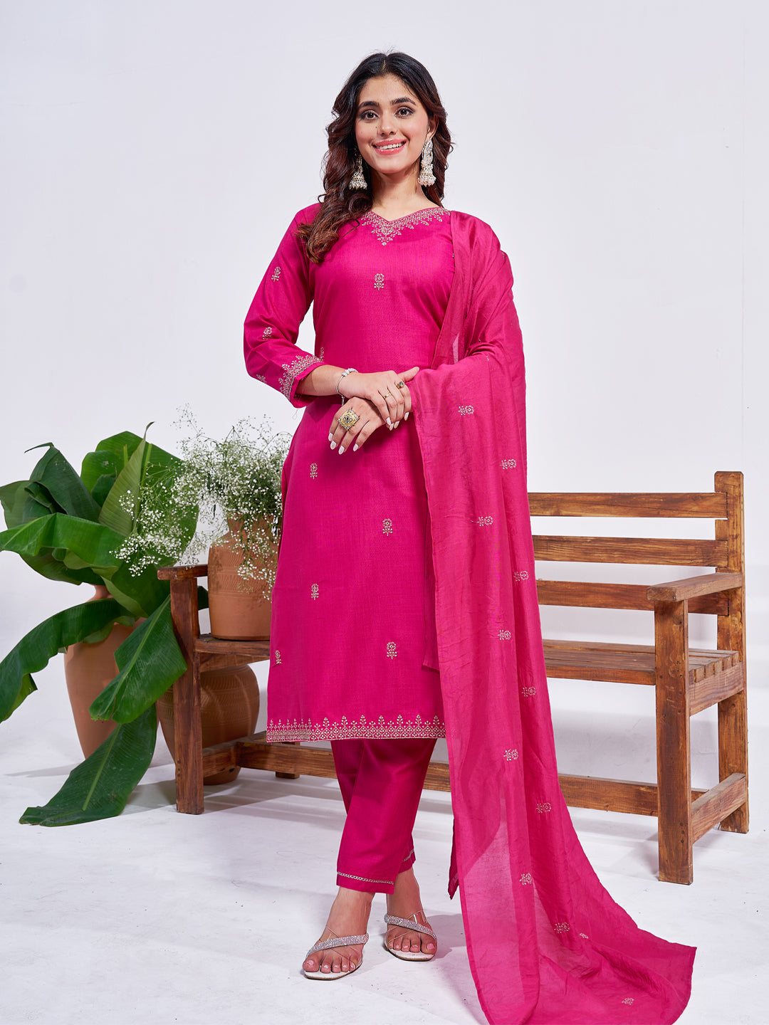 Jyoti Fashion Women's Rani Pink Rayon Embroidered Designer Kurta Set with Dupatta
