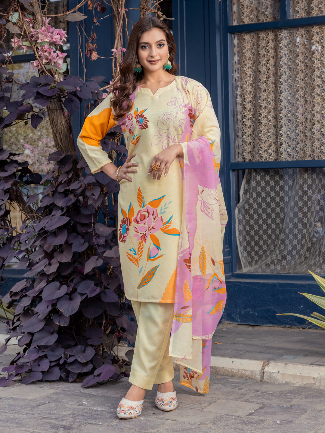 Jyoti Fashion Women's Cream Cotton Blend Printed Designer Kurta Set with Dupatta