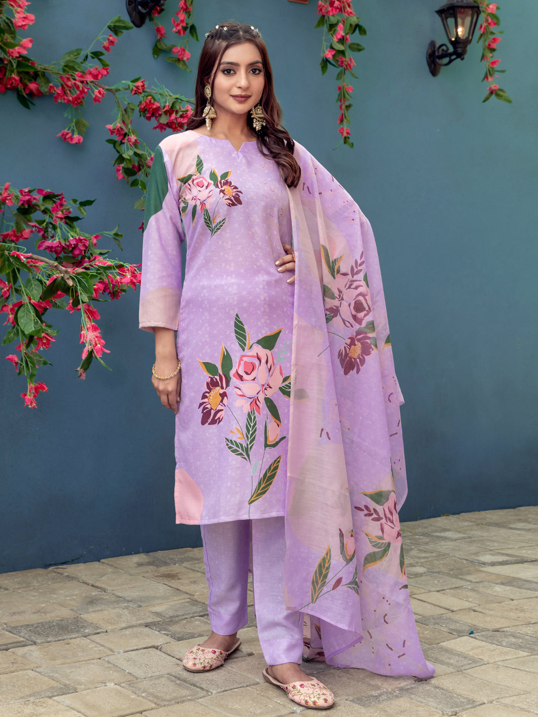 Jyoti Fashion Women's Lavender Cotton Blend Printed Designer Kurta Set with Dupatta
