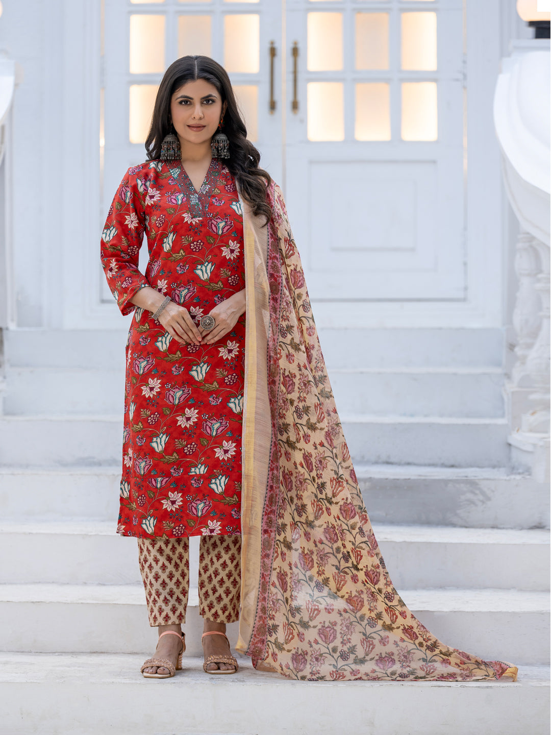 Jyoti Fashion Women's Red Rayon Print with Thread Designer Kurta Set with Dupatta