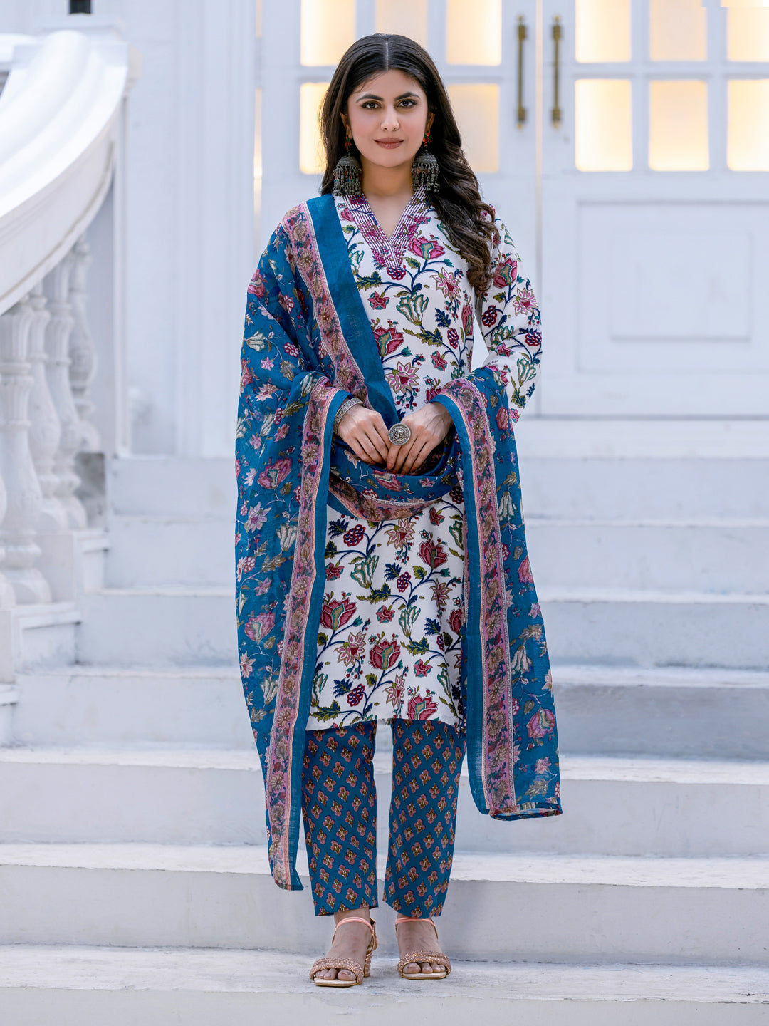 Jyoti Fashion Women's White Rayon Print with Thread Designer Kurta Set with Dupatta