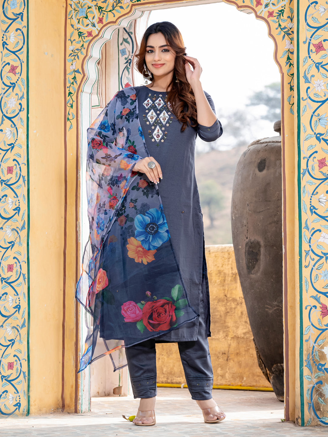 Jyoti Fashion Women's Gray Silk Handwork Designer Kurta Set with Dupatta