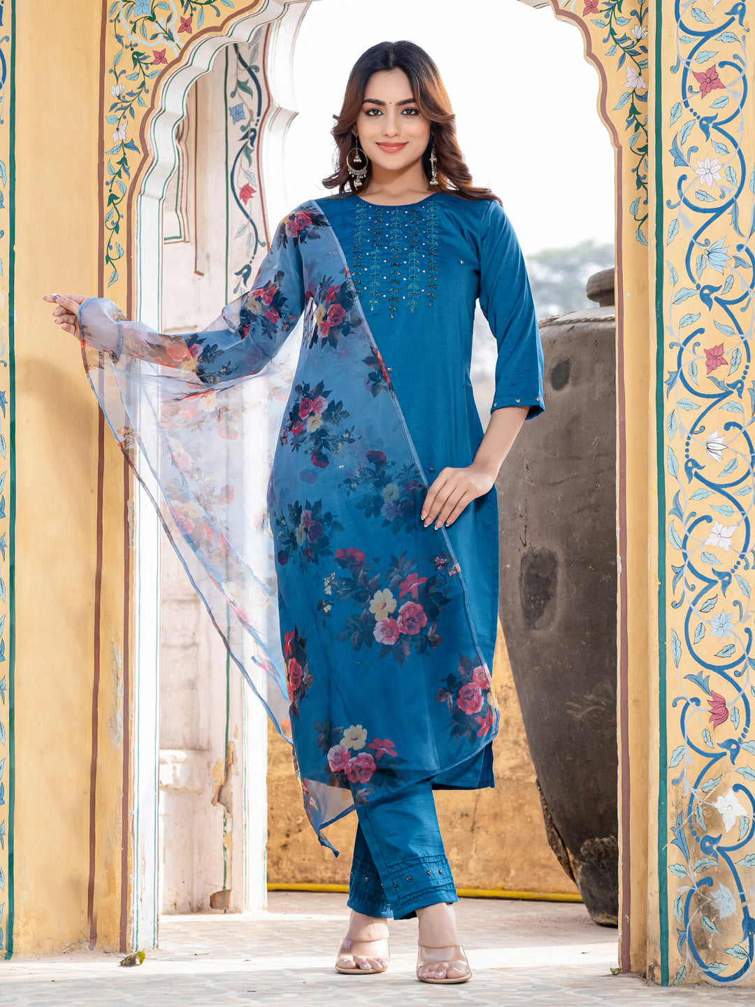 Jyoti Fashion Women's Morpich Silk Handwork Designer Kurta Set with Dupatta