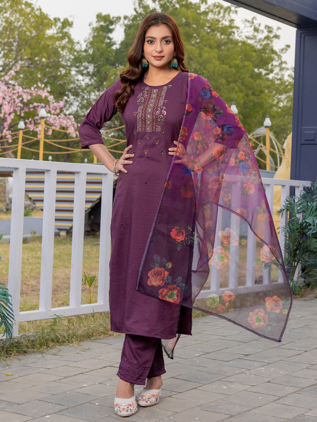 Jyoti Fashion Women's Purple Silk Handwork Designer Kurta Set with Dupatta