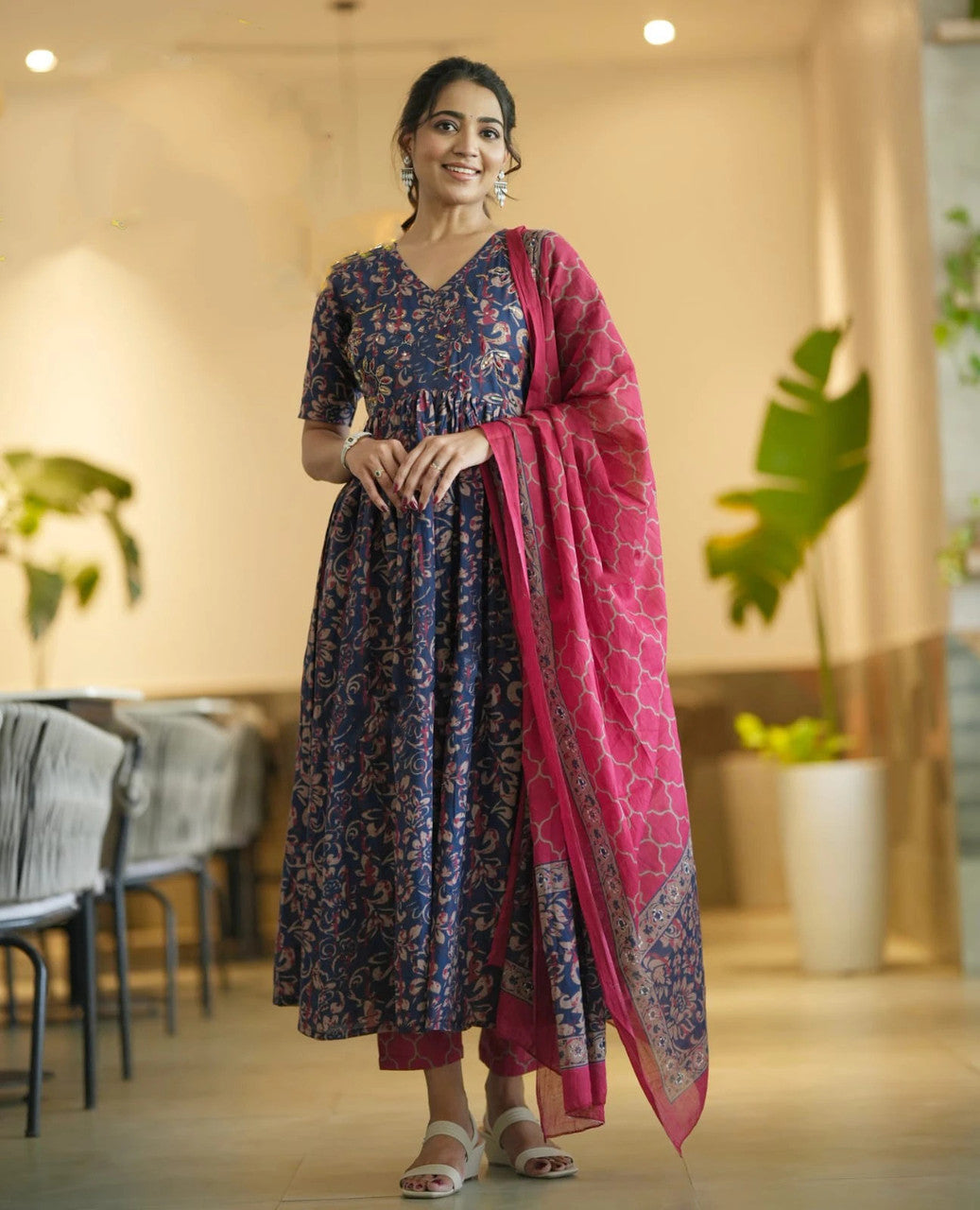 Jyoti Fashion Women's Navy Blue Rayon Printed Designer Kurta Set with Dupatta