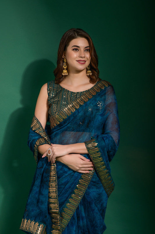 Jyoti Fashion Women's Morpich Sequence Embroidery Chiffon Saree with Blouse