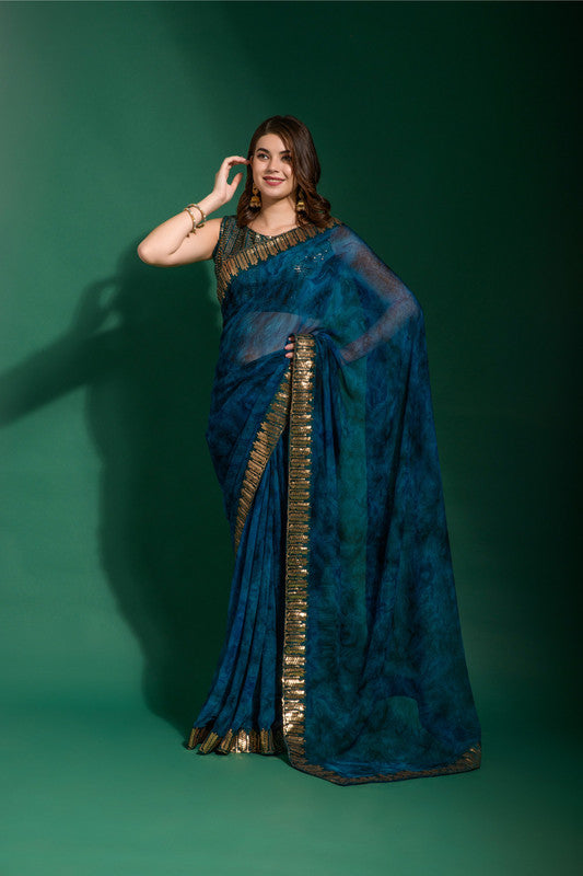 Jyoti Fashion Women's Morpich Sequence Embroidery Chiffon Saree with Blouse